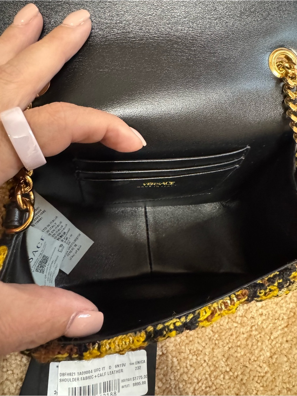 Versace Virtus Yellow & Black Tweed Shoulder Bag with Gold Chain - Picture 3 of 5